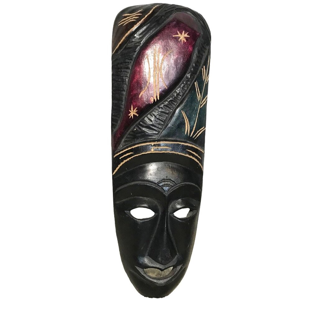 African Tribal Mask Wall Art Decor Hand Carved 16" Tall Wooden Sculpture